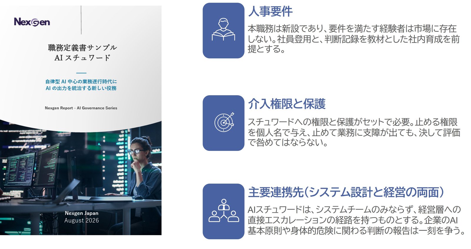 図表1. 職務定義書サンプル AIスチュワード(Nexgen Report AI Governance Series)の表紙と、人事要件・介入権限と保護・主要連携先の抜粋